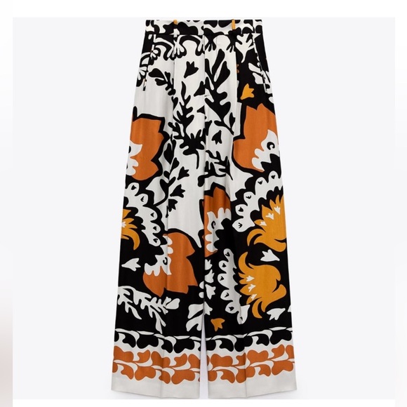 Zara Printed Stylish Black and Orange Patterned Women's Pants - Picture 1 of 8